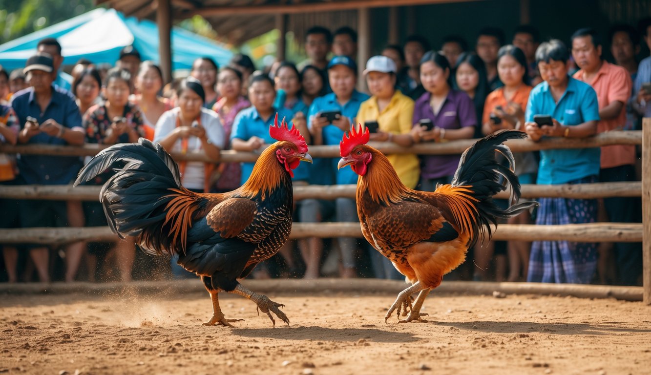 Dua ayam jago sedang bertarung di arena tradisional dengan penonton yang antusias mengamati dan memasang taruhan menggunakan perangkat modern.