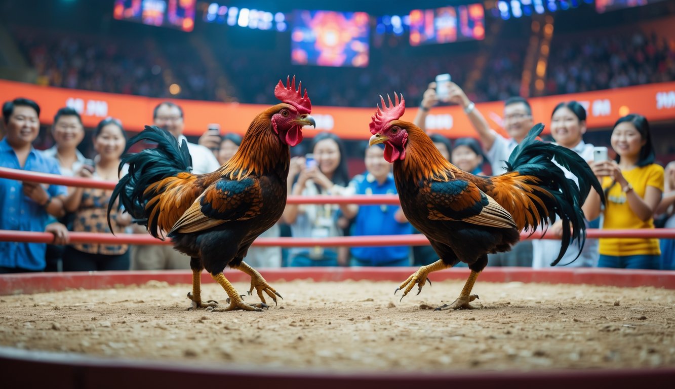 Suasana pertandingan sabung ayam dengan dua ayam beraksi di arena dikelilingi penonton yang antusias.