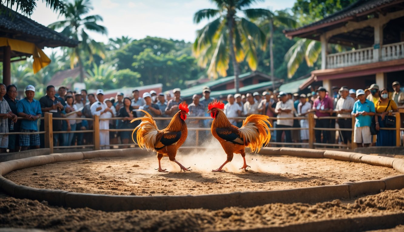 Suasana arena sabung ayam tradisional dengan dua ayam bertarung di tengah dan penonton menonton dengan antusias.