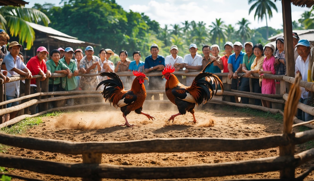 Suasana pertandingan sabung ayam tradisional di arena terbuka dengan dua ayam jago bertarung dan penonton yang antusias di sekelilingnya.