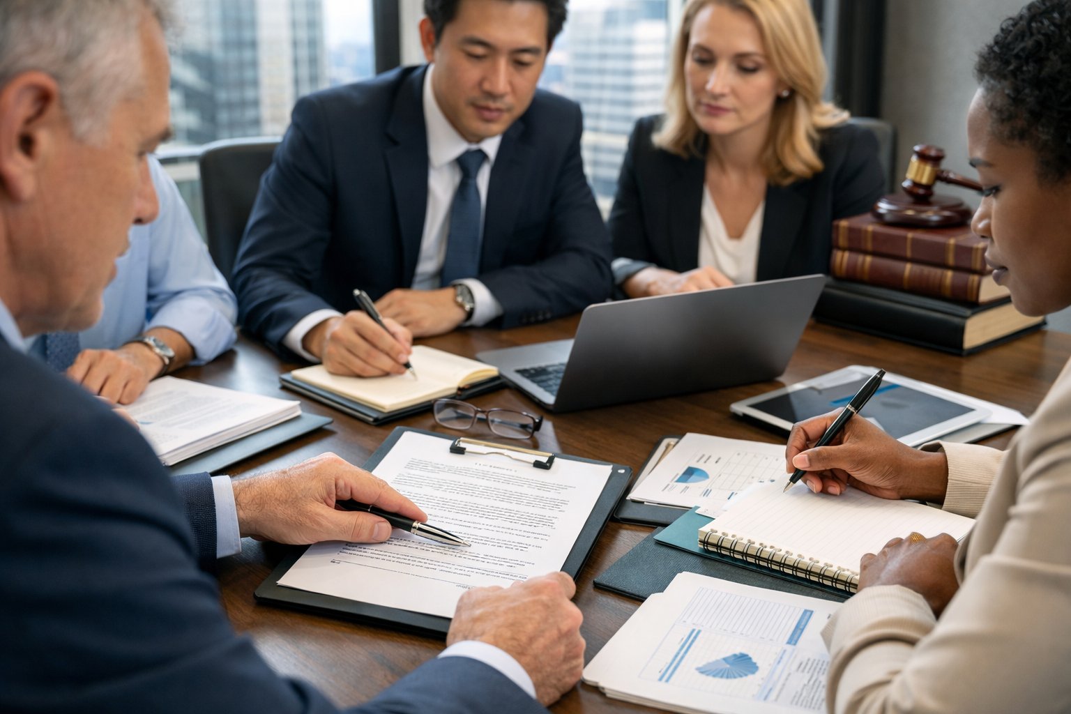 Due diligence bij bedrijfsovername: welke juridische risico’s mag u nooit negeren? 1 Een groep zakelijke professionals bespreekt documenten in een vergaderruimte tijdens een bedrijfsovername.