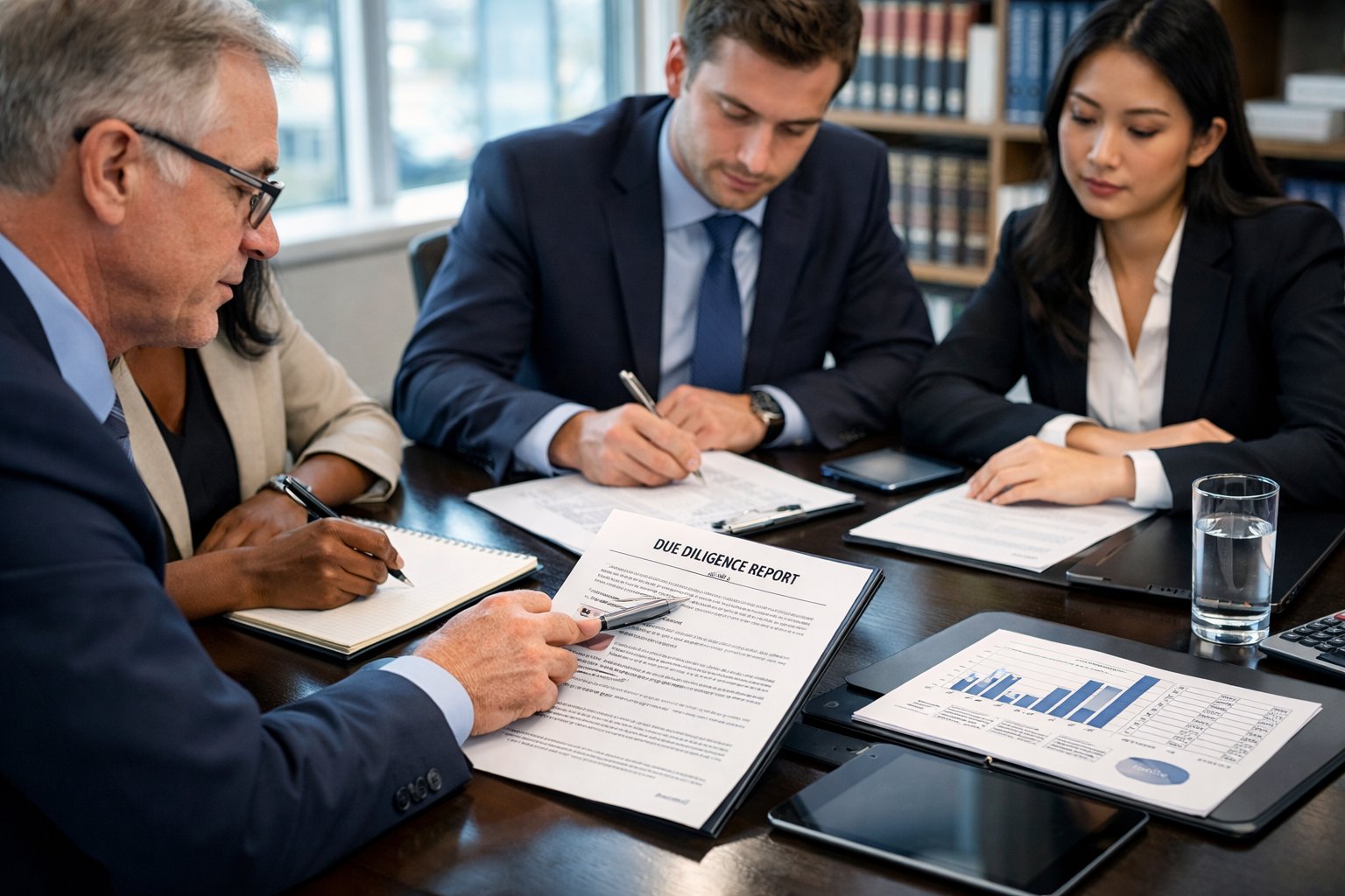Due diligence bij bedrijfsovername: welke juridische risico’s mag u nooit negeren? 2 Zakelijke professionals bekijken documenten tijdens een vergadering over juridische risico's bij bedrijfsovername.