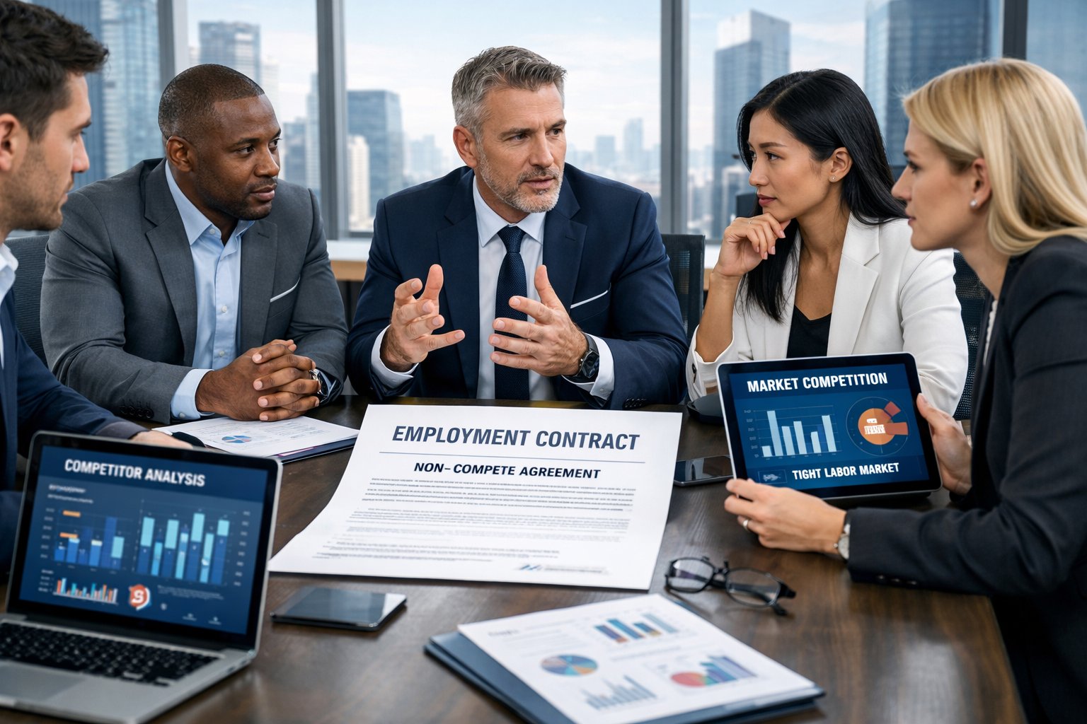 Een groep zakelijke professionals in een modern kantoor die een serieuze vergadering houden over arbeidsvoorwaarden.