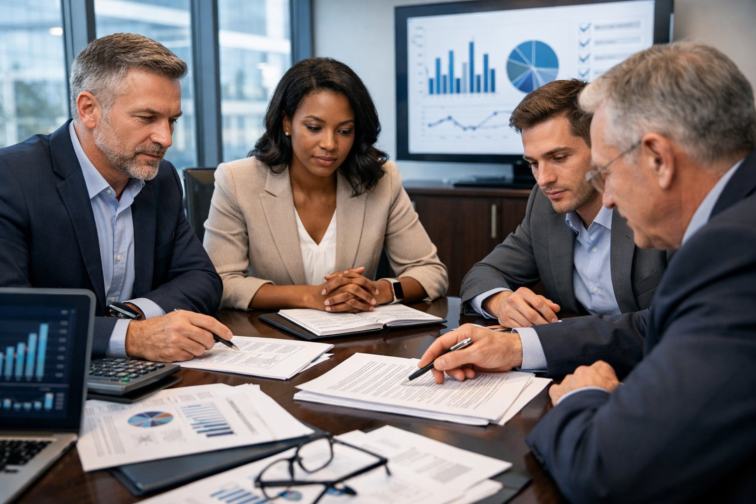 Due diligence bij bedrijfsovername: welke juridische risico’s mag u nooit negeren? 3 Een groep zakelijke professionals bespreekt documenten tijdens een vergadering over juridische risico’s bij een bedrijfsovername.