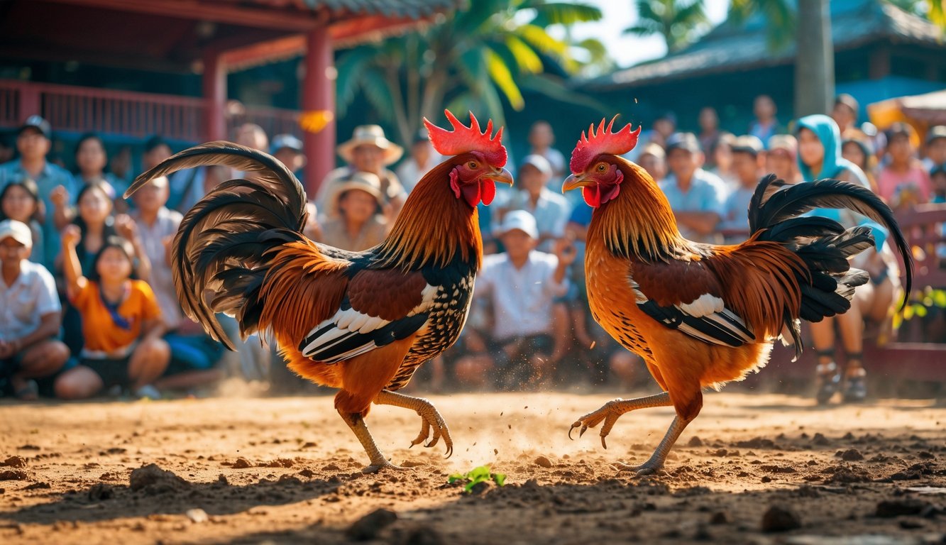 Pertarungan ayam jago tradisional di arena terbuka dengan penonton yang antusias di latar belakang.