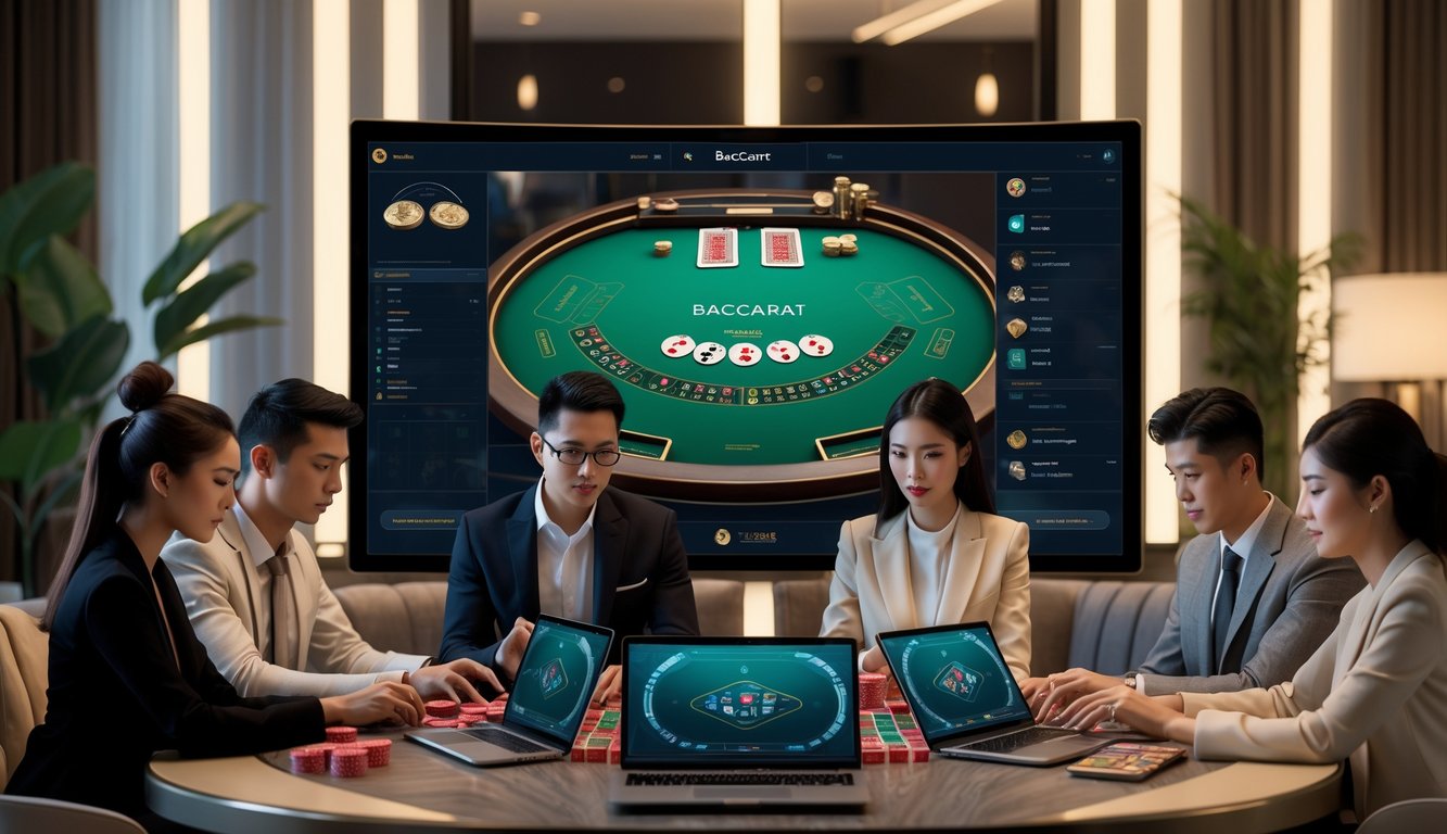 Beberapa orang muda sedang bermain baccarat online di perangkat digital di ruang tamu modern yang nyaman.