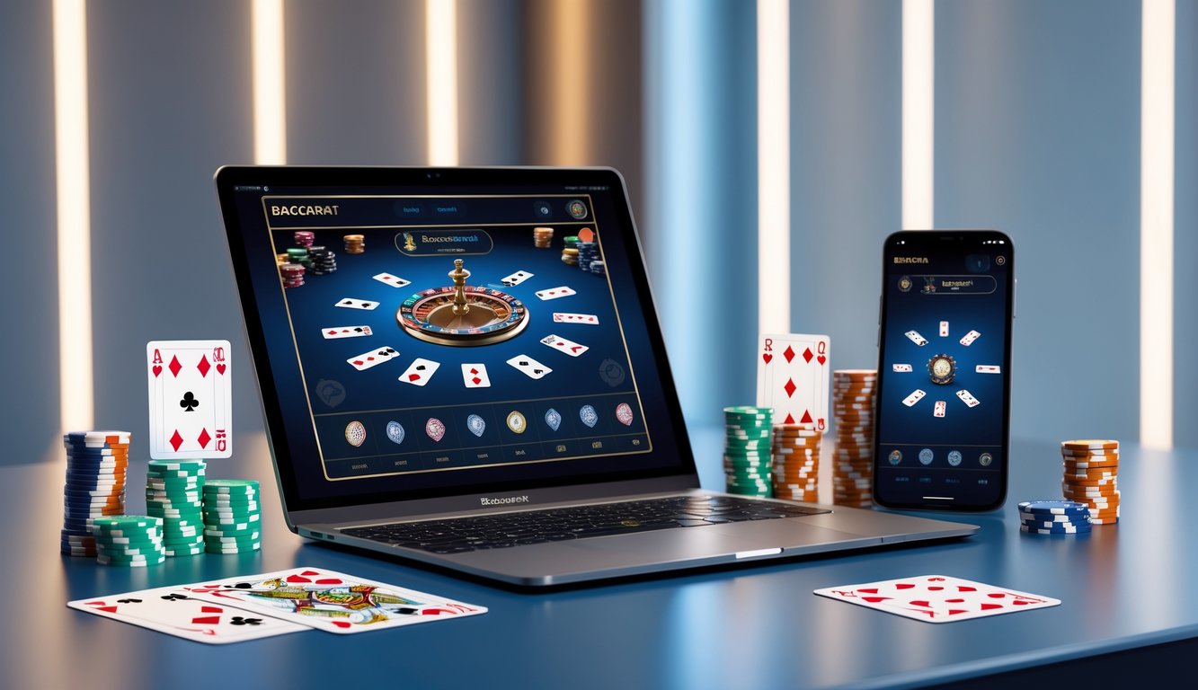Seorang pemain menggunakan laptop dan smartphone untuk bermain baccarat online dengan kartu dan chip di meja.