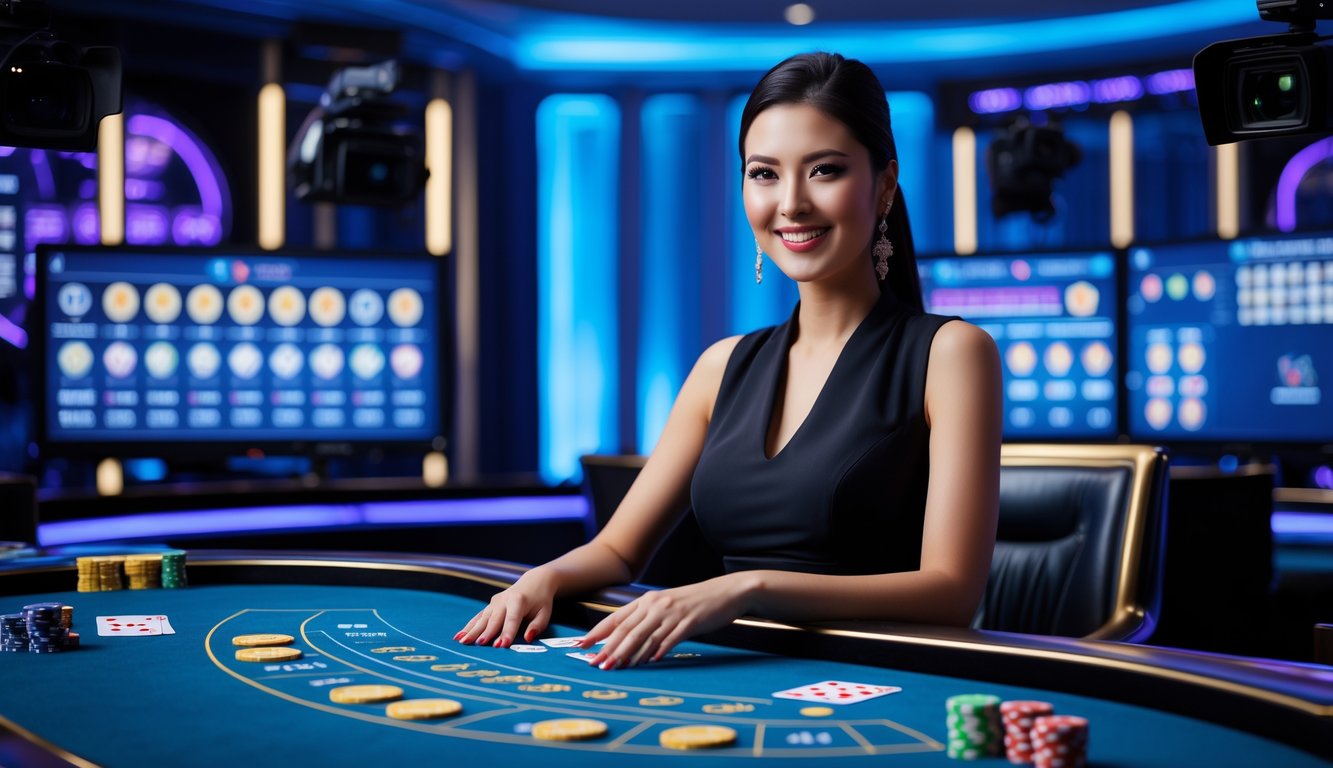 Seorang dealer wanita duduk di meja baccarat dengan kartu dan chip, di studio dengan pencahayaan lembut dan peralatan siaran.
