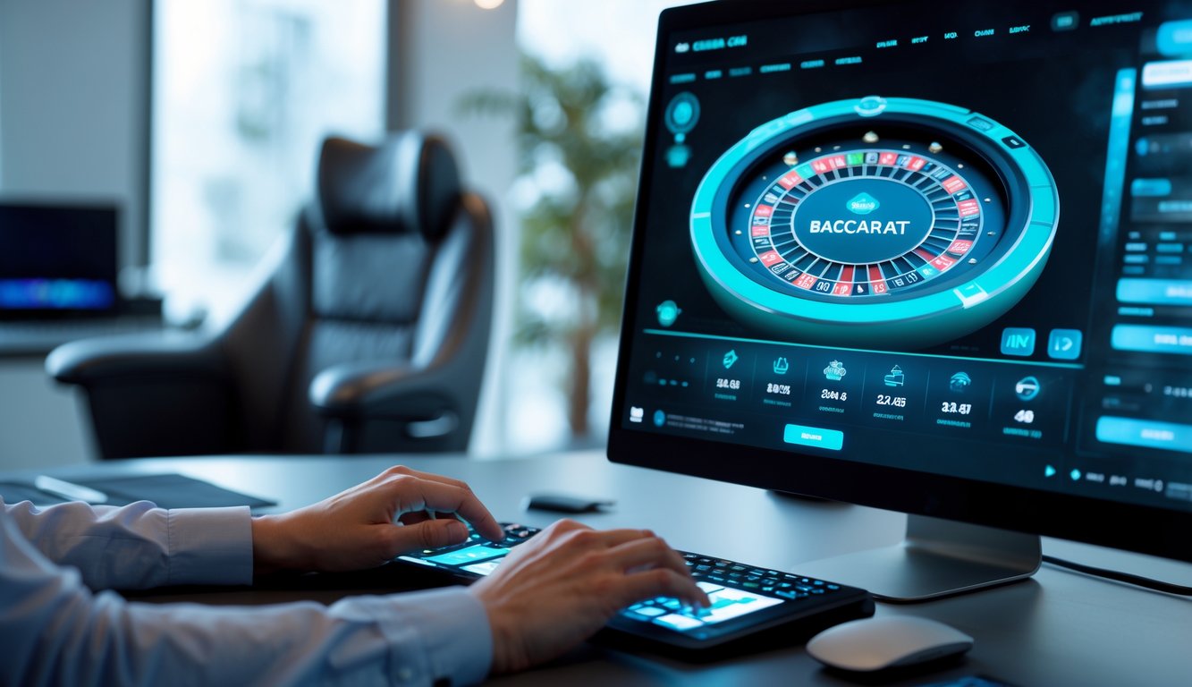 Seseorang bermain baccarat online di depan layar komputer di ruangan yang rapi dan modern.