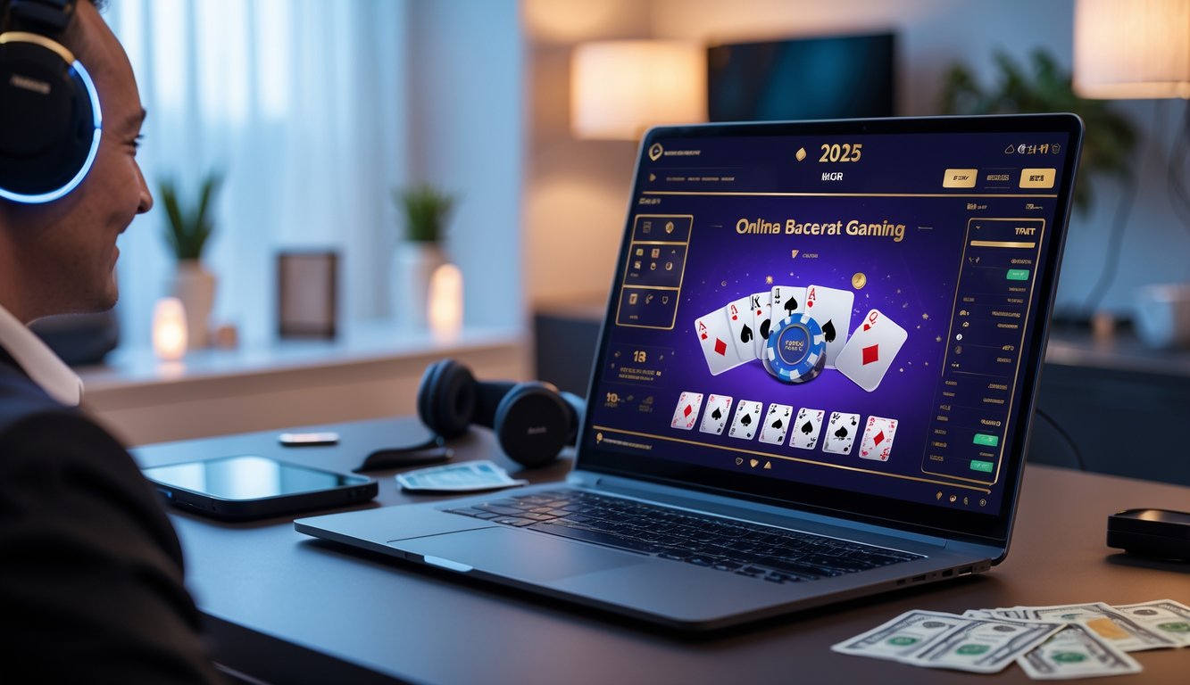 Sebuah meja kerja dengan komputer menampilkan permainan baccarat online dan uang di sekitarnya.