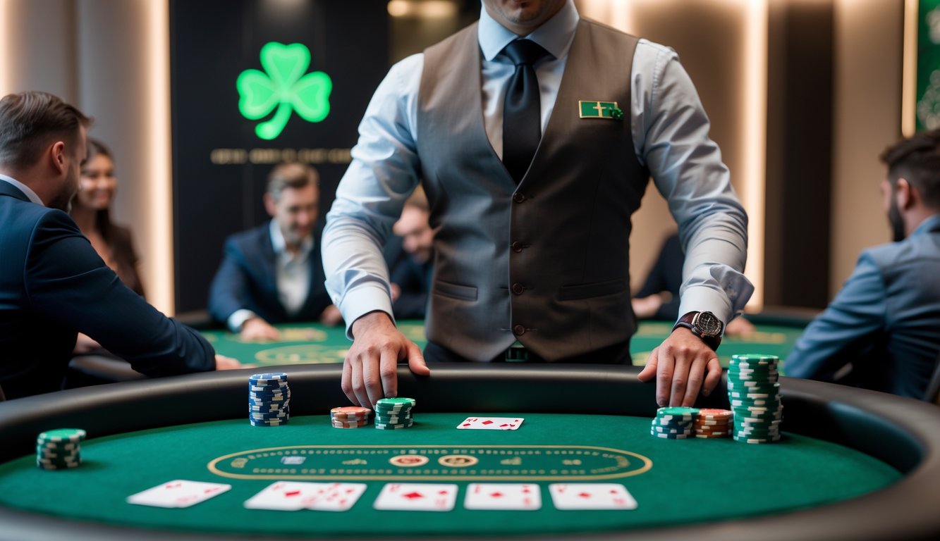 Seorang dealer poker profesional sedang mengelola permainan di meja poker dengan dekorasi bertema Irlandia di latar belakang.