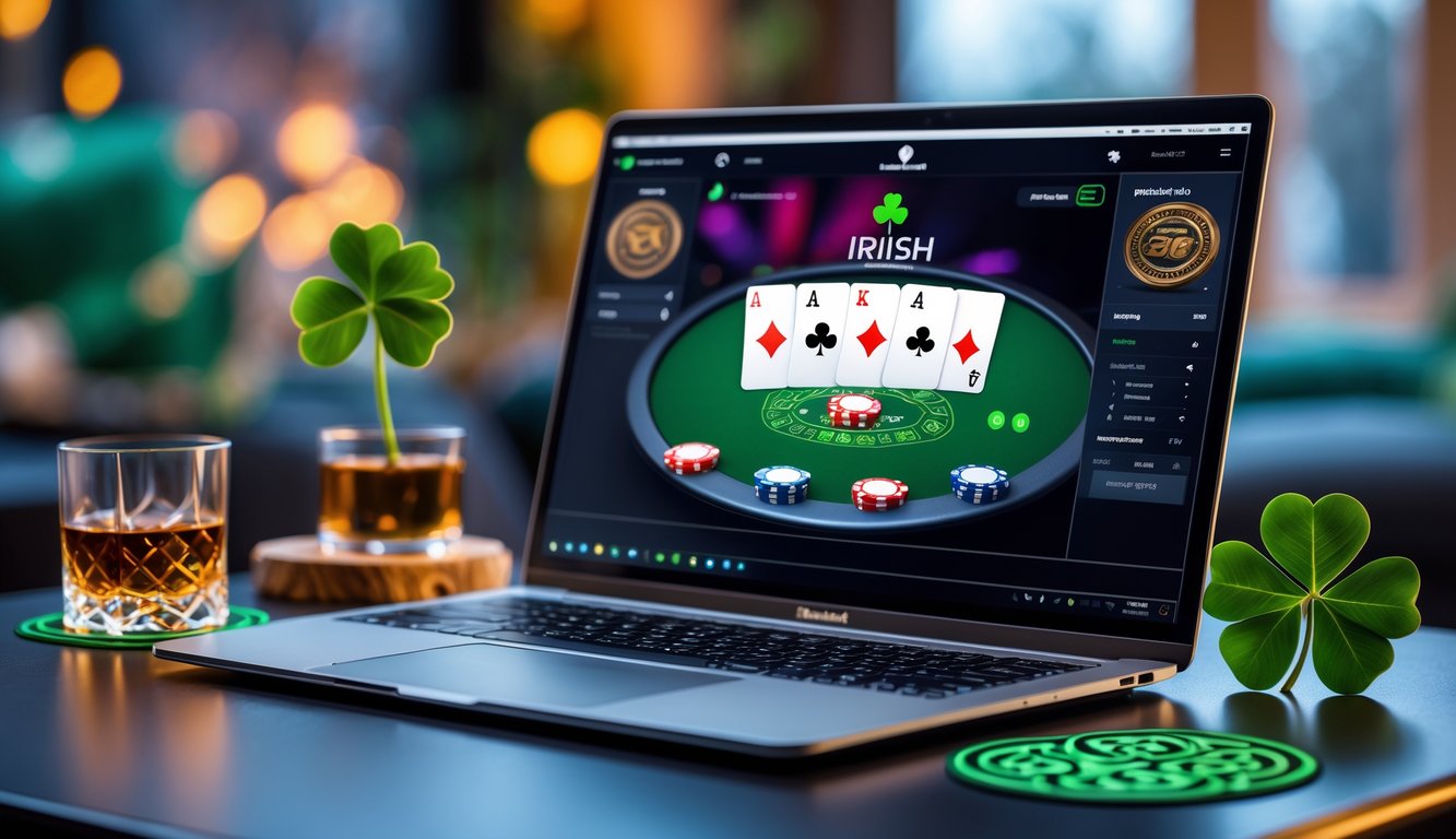Seorang pemain poker online menggunakan laptop dengan tema budaya Irlandia di lingkungan rumah yang nyaman.