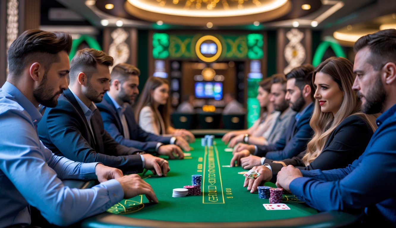 Beberapa pemain poker duduk di sekitar meja hijau dalam ruangan kasino dengan dekorasi bertema Irlandia.