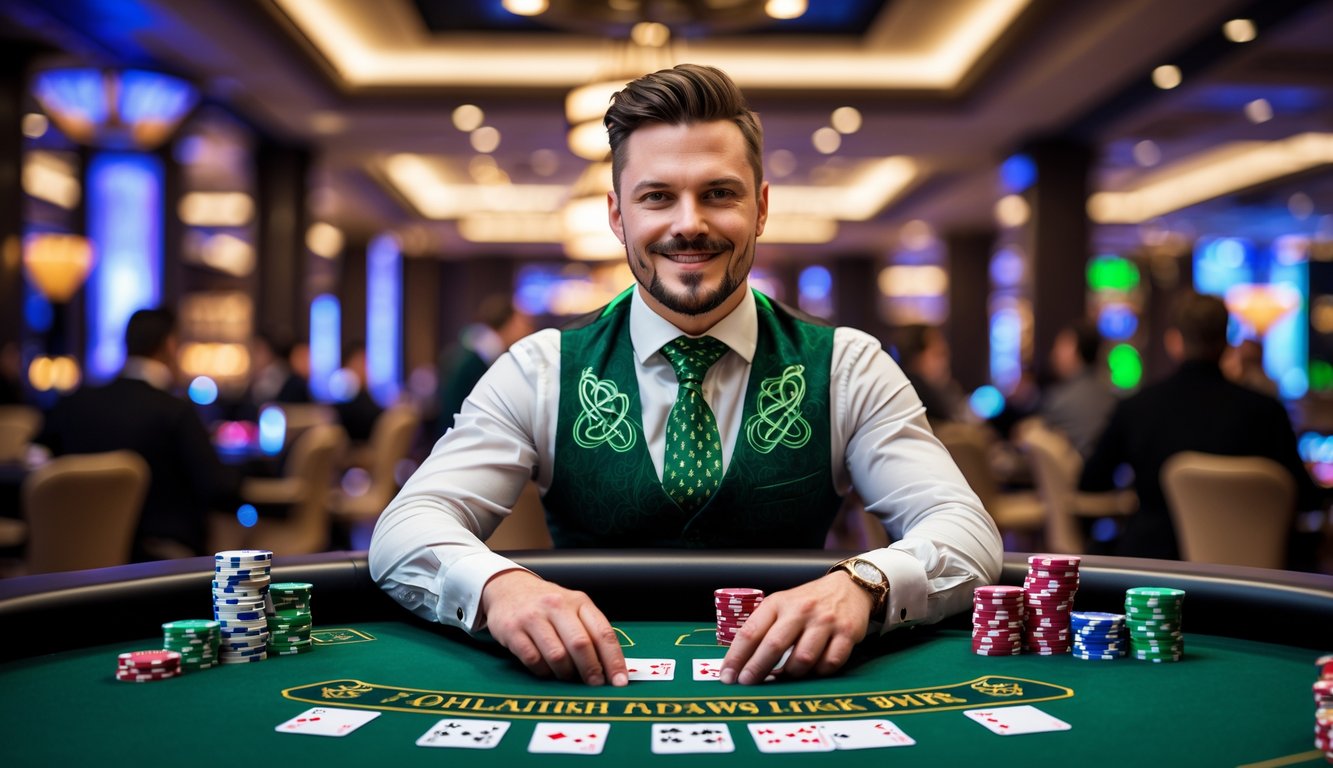 Seorang bandar poker Irlandia yang percaya diri sedang membagikan kartu di meja poker di kasino modern.