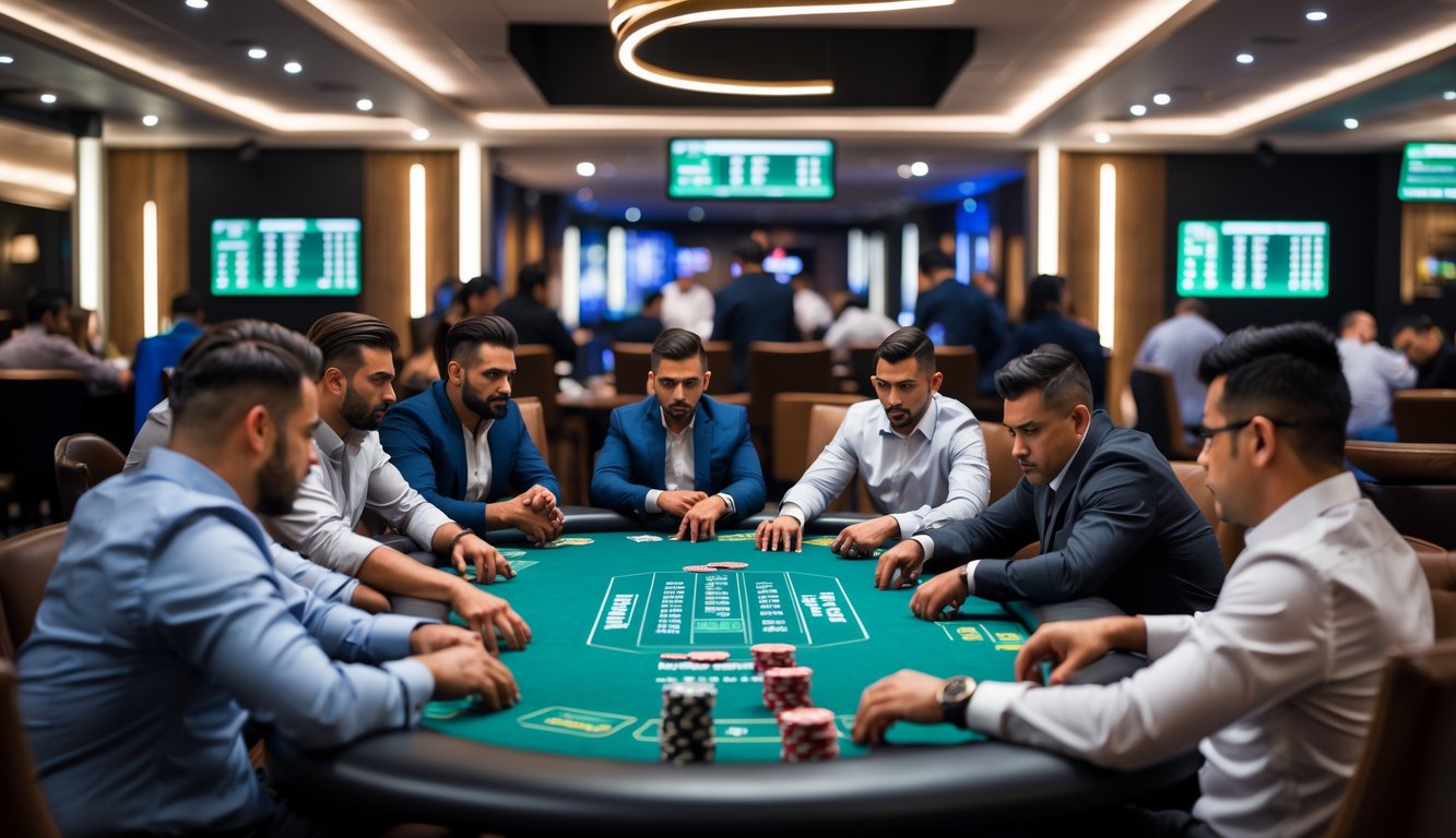Sekelompok pemain poker sedang bermain di meja hijau di sebuah ruangan poker modern yang mewah.