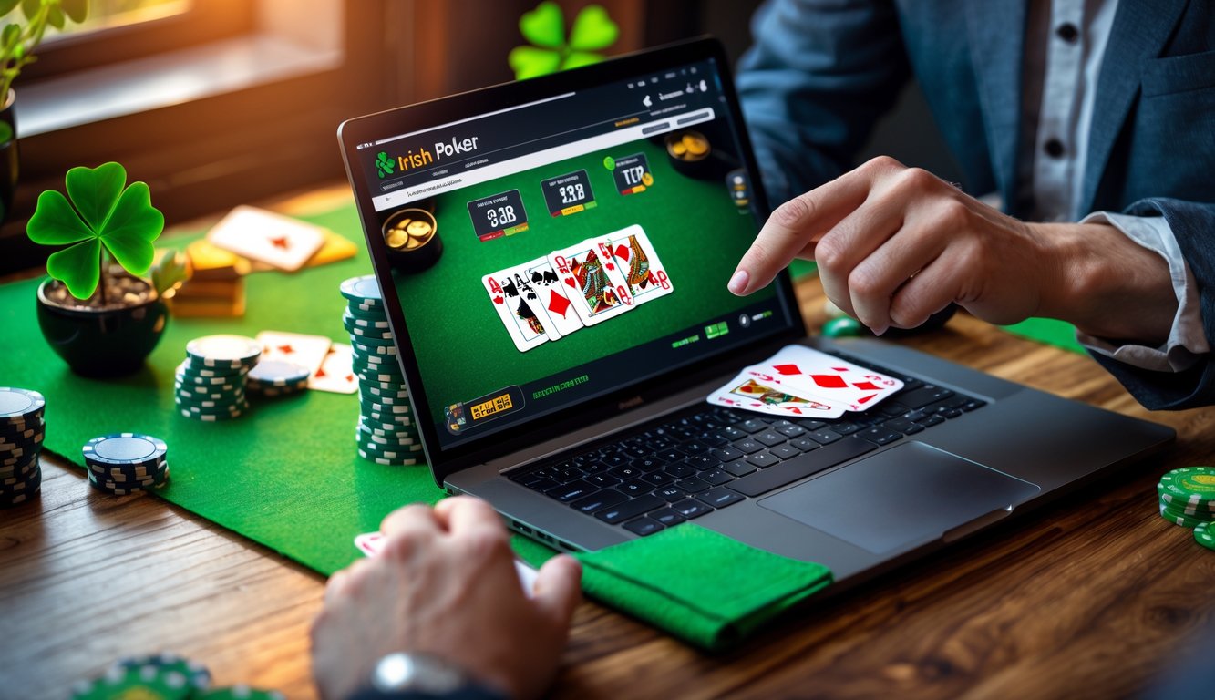 Seseorang bermain poker online dengan laptop di meja kayu, dikelilingi chip poker dan tanaman shamrock kecil.