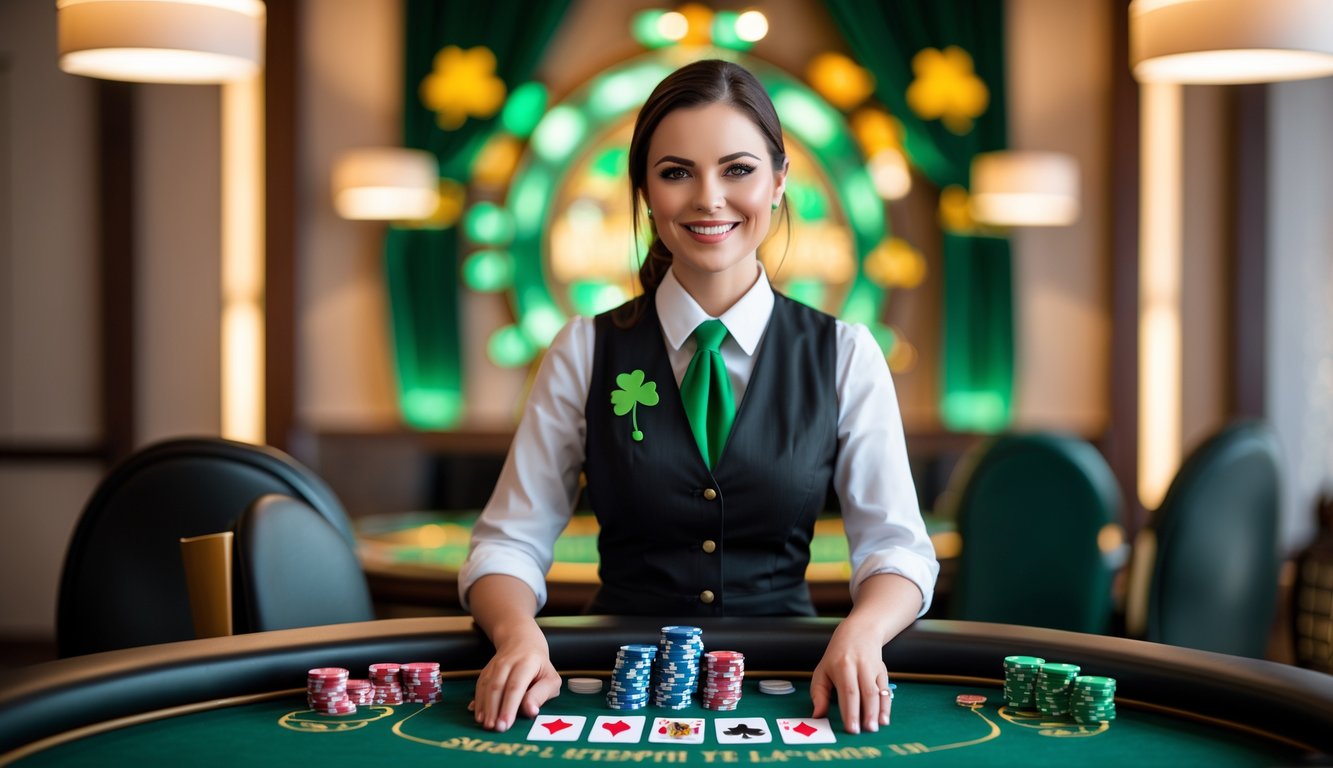 Seorang dealer poker profesional tersenyum di belakang meja poker dengan kartu dan chip, dengan dekorasi bertema Irlandia di latar belakang.