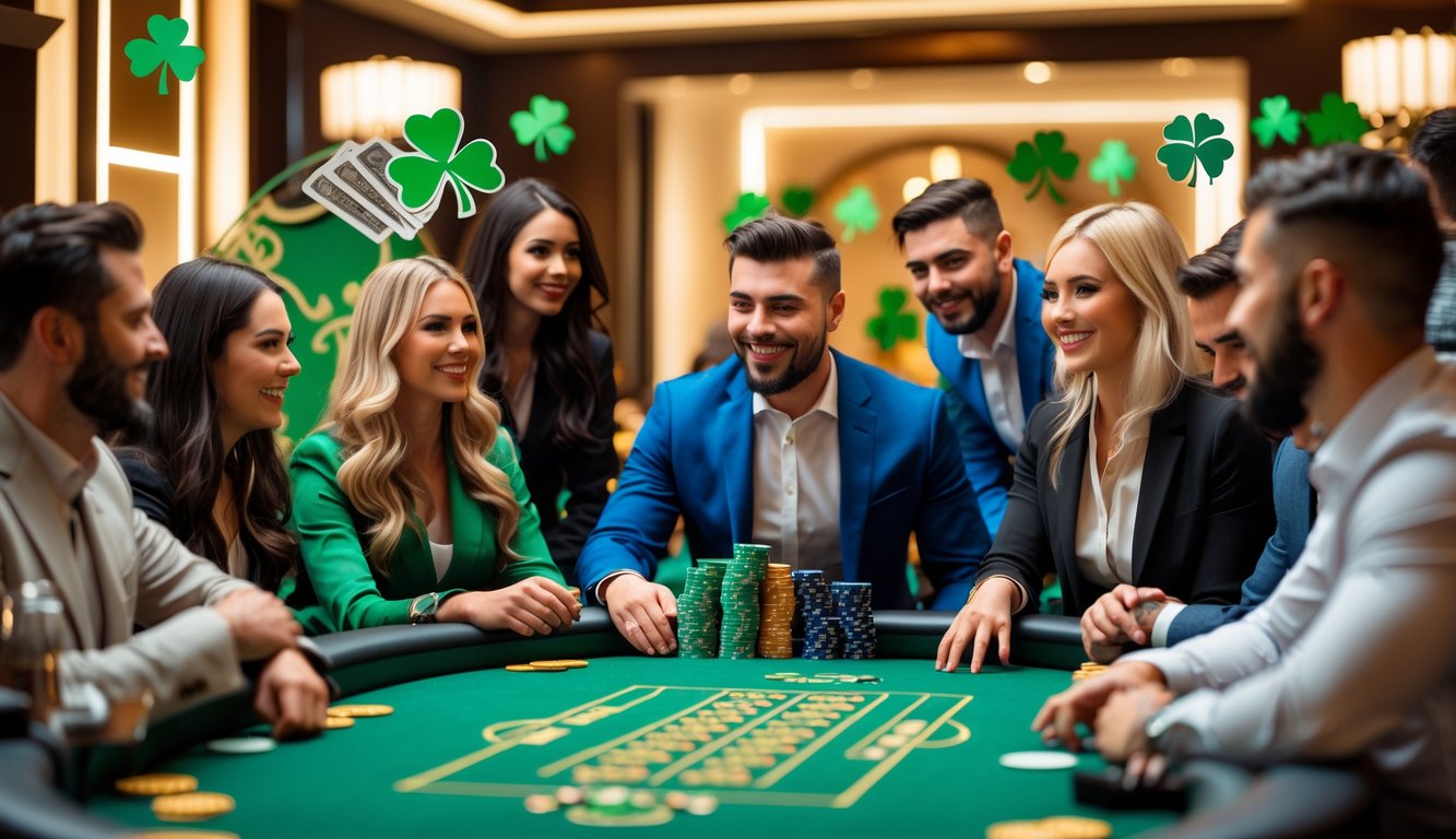 Sekelompok pemain poker berkumpul di sekitar meja hijau dengan dekorasi bertema Irlandia di sebuah ruangan kasino modern.