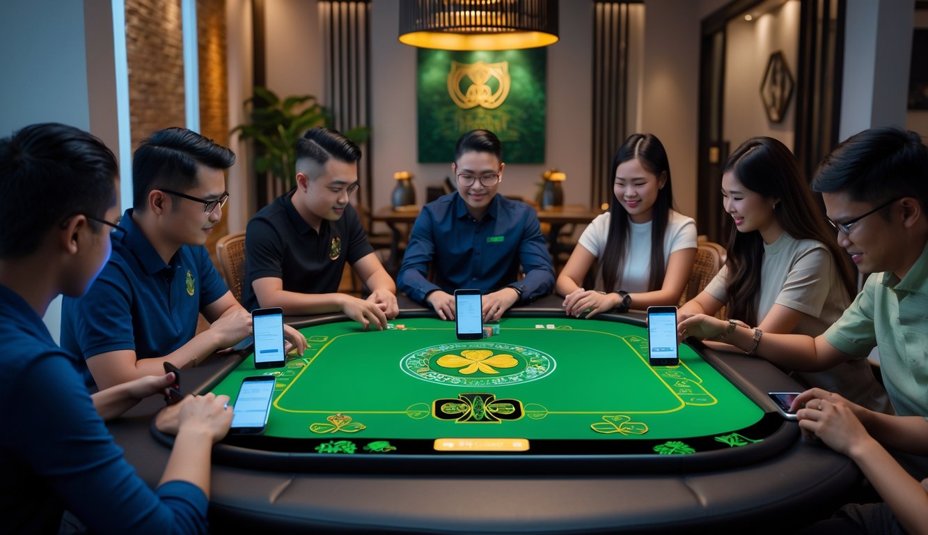 Sekelompok orang bermain poker online di dalam ruangan modern dengan dekorasi yang menggabungkan elemen budaya Irlandia dan Indonesia.