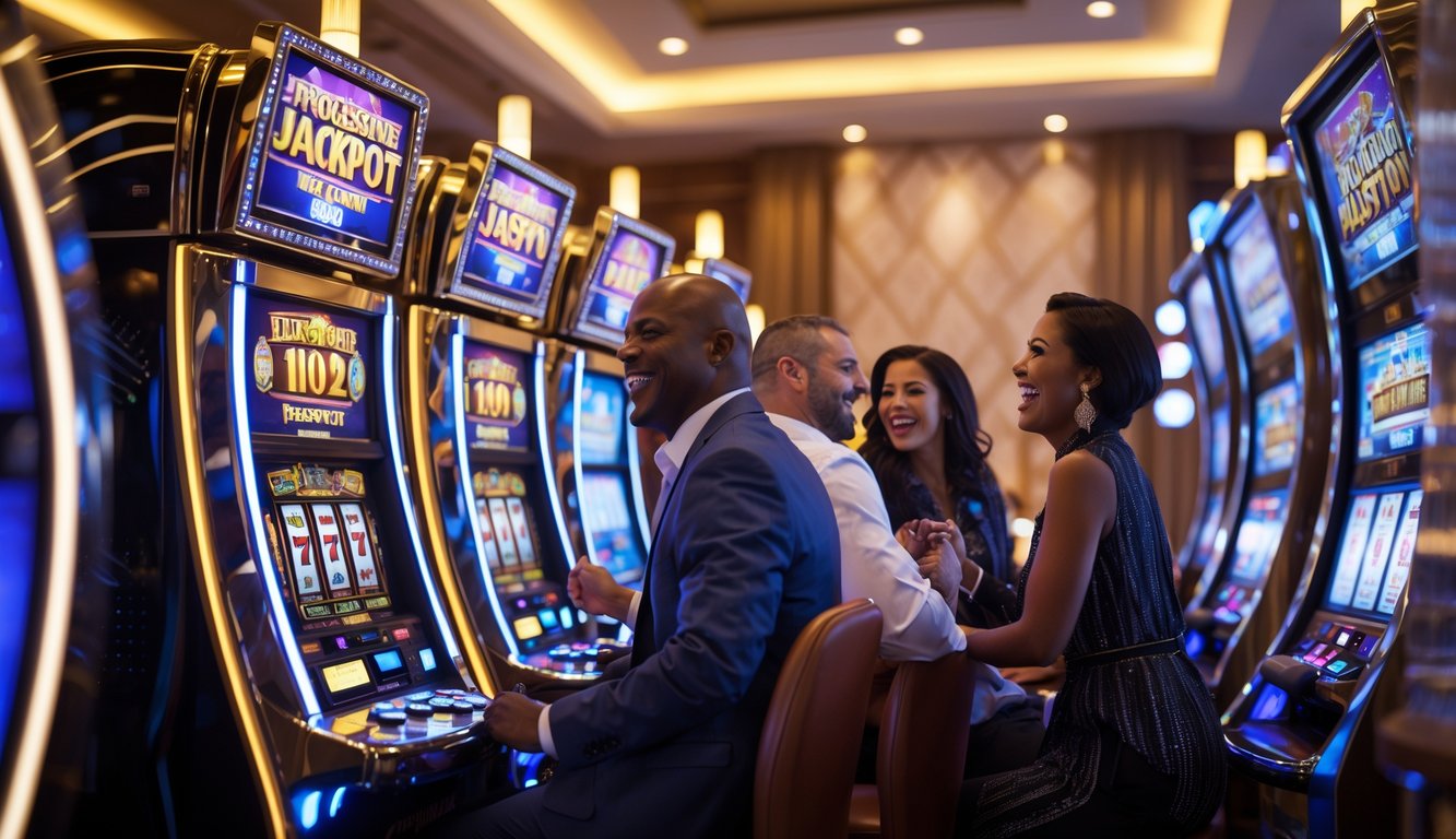 Beberapa orang dewasa menggunakan mesin slot berwarna cerah di dalam kasino yang mewah dan terang.