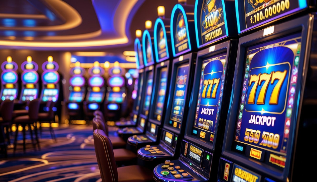 Suasana kasino modern dengan deretan mesin slot progresif yang menyala dan berwarna-warni, menampilkan grafik jackpot dan koin emas di layar.