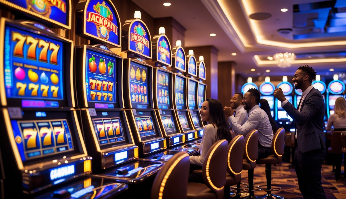 Beberapa mesin slot progresif dengan lampu warna-warni di dalam kasino modern, dengan pemain yang sedang menikmati permainan.