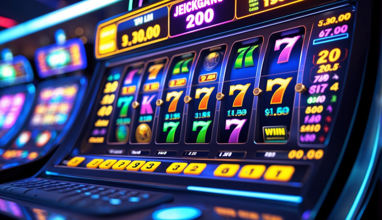 Antarmuka kasino online dengan mesin slot progresif dan angka jackpot yang menyala.