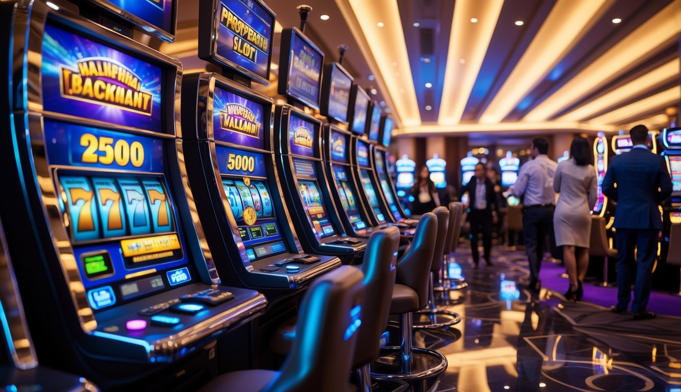 Orang-orang bermain mesin slot di kasino modern dengan suasana cerah dan penuh semangat.