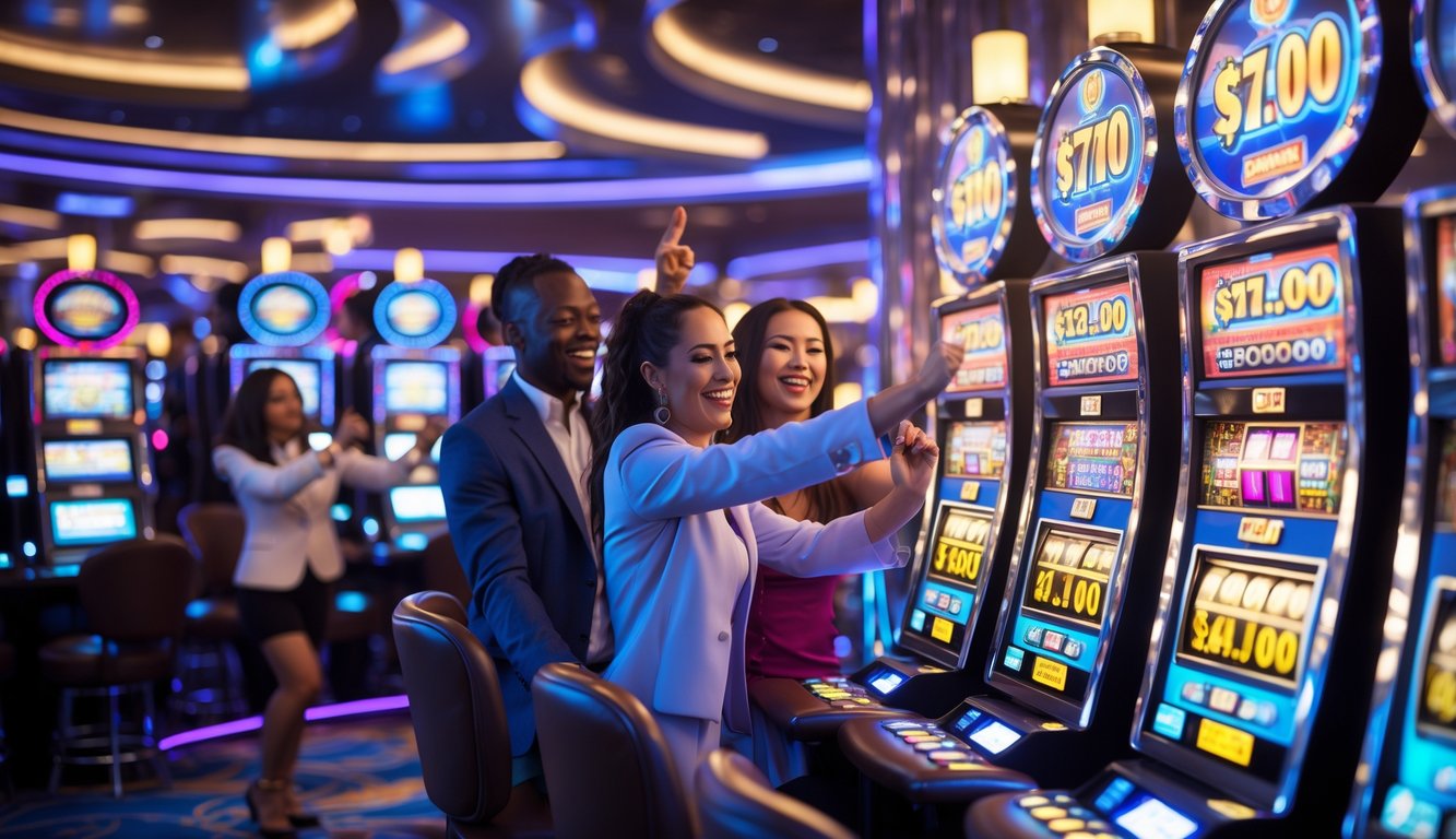 Area kasino dengan mesin slot progresif yang menyala dan pemain yang sedang bermain dengan ekspresi bahagia.