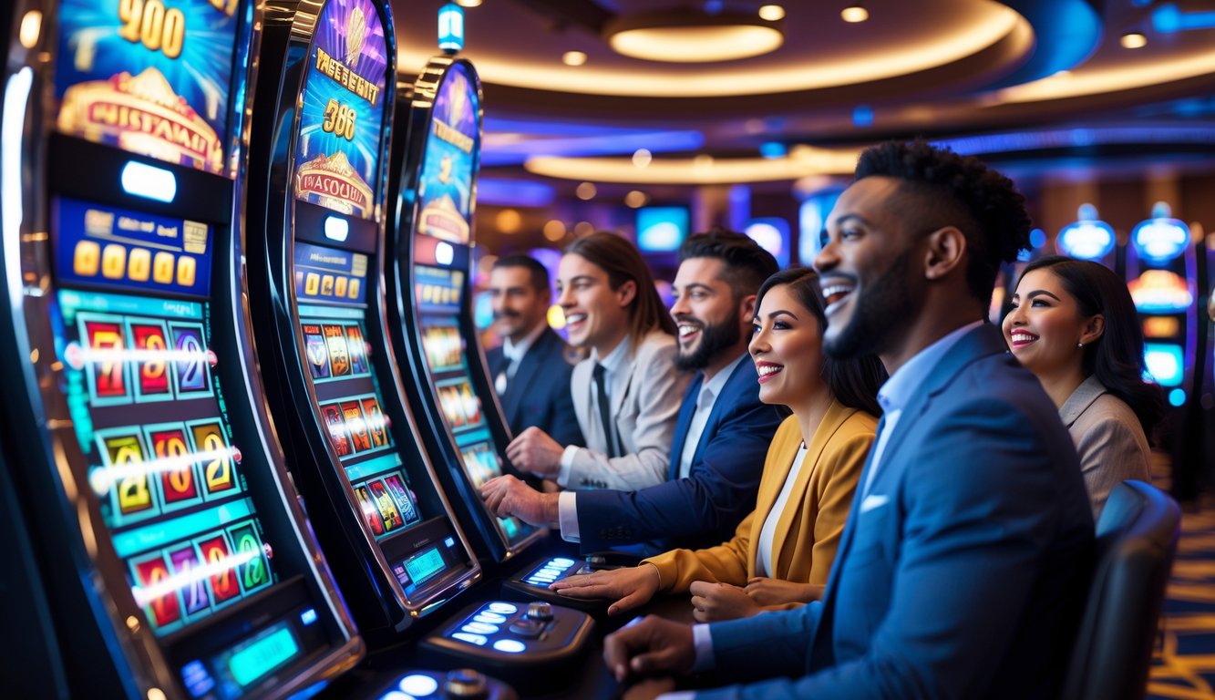 Suasana kasino modern dengan mesin slot progresif yang menyala dan beberapa orang sedang bermain dengan ekspresi antusias.