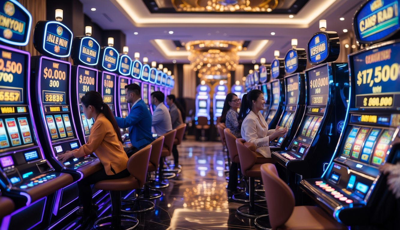 Seorang pemain sedang bermain mesin slot progresif di kasino modern dengan suasana cerah dan ramai.