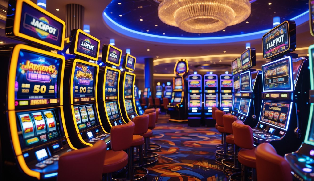 Suasana kasino modern dengan mesin slot progresif yang berwarna-warni dan layar digital menampilkan jumlah jackpot.