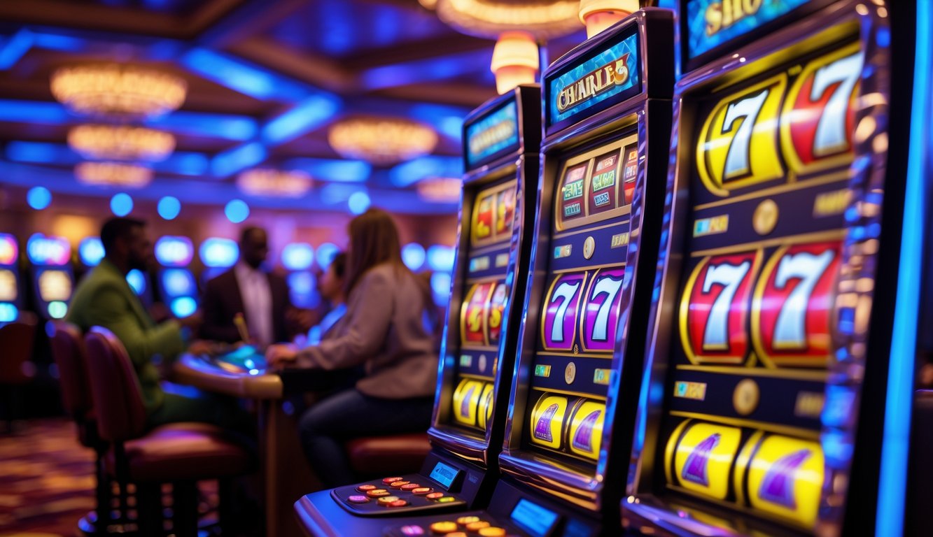 Mesin slot modern di kasino dengan orang-orang di latar belakang menikmati permainan.