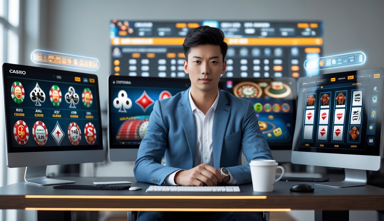 Seorang dewasa muda duduk di depan beberapa layar komputer yang menampilkan permainan kasino online, di ruangan modern dan terang.