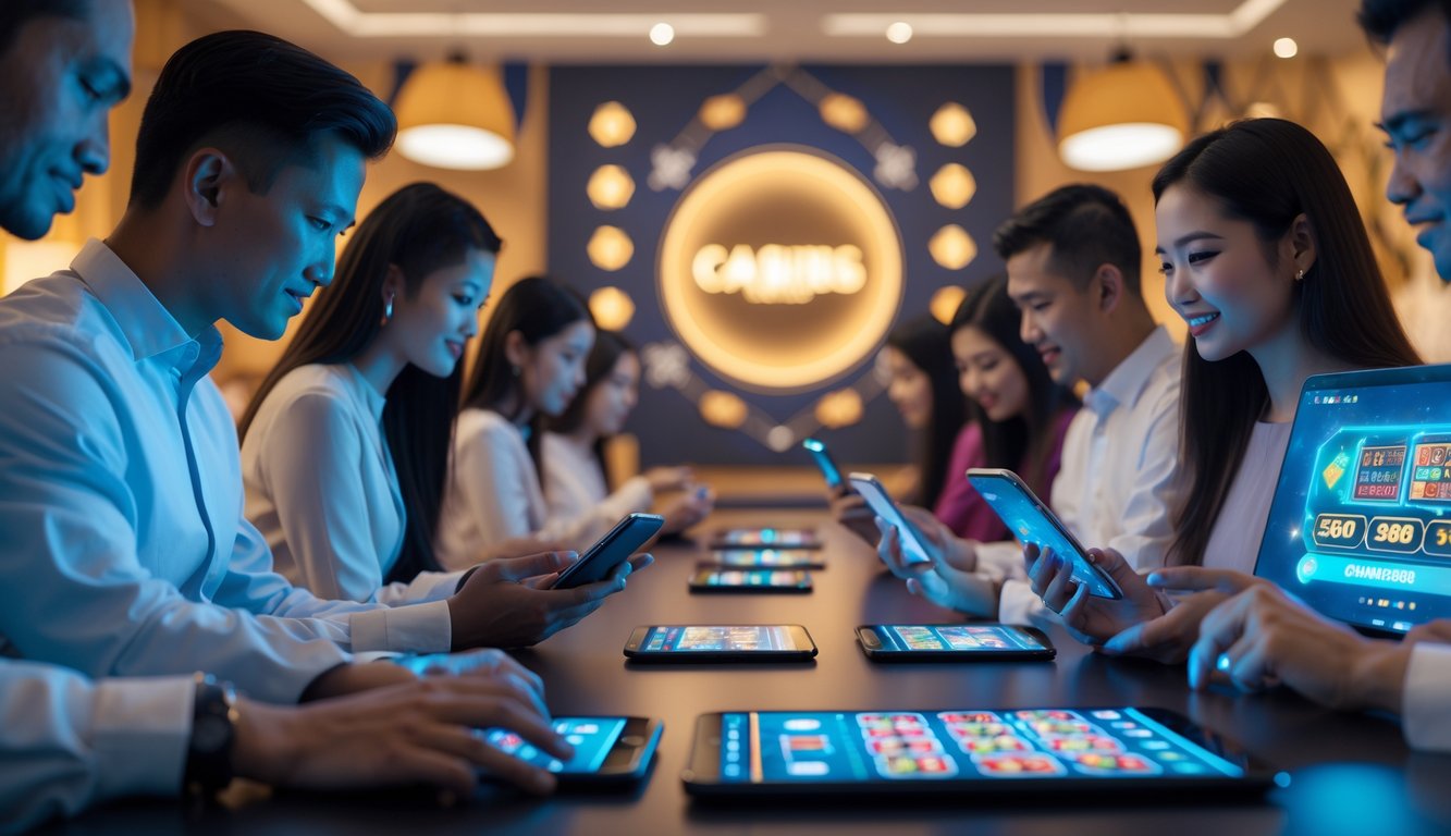 Orang-orang menggunakan perangkat digital di lingkungan modern dengan elemen budaya Indonesia, terlibat dalam aktivitas judi online.