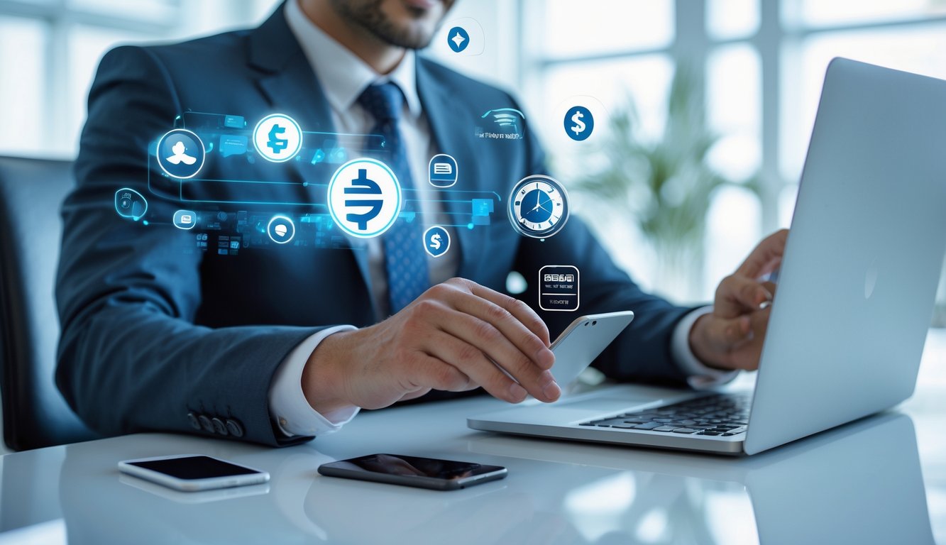 Seseorang menggunakan laptop dan ponsel di ruang kantor yang terang, menunjukkan layanan pembayaran cepat dalam judi online.