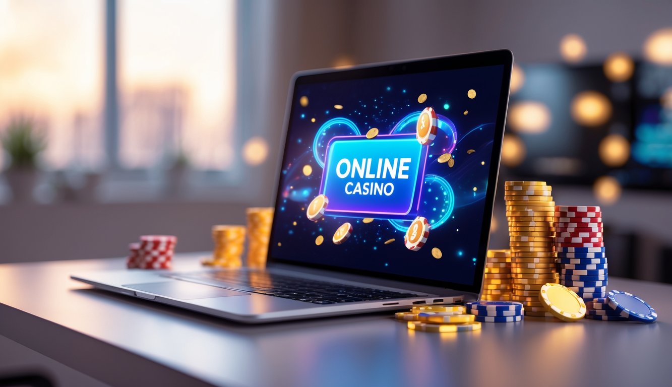 Sebuah laptop di meja dengan tampilan permainan kasino online dan tumpukan chip poker serta koin digital di sekitarnya.