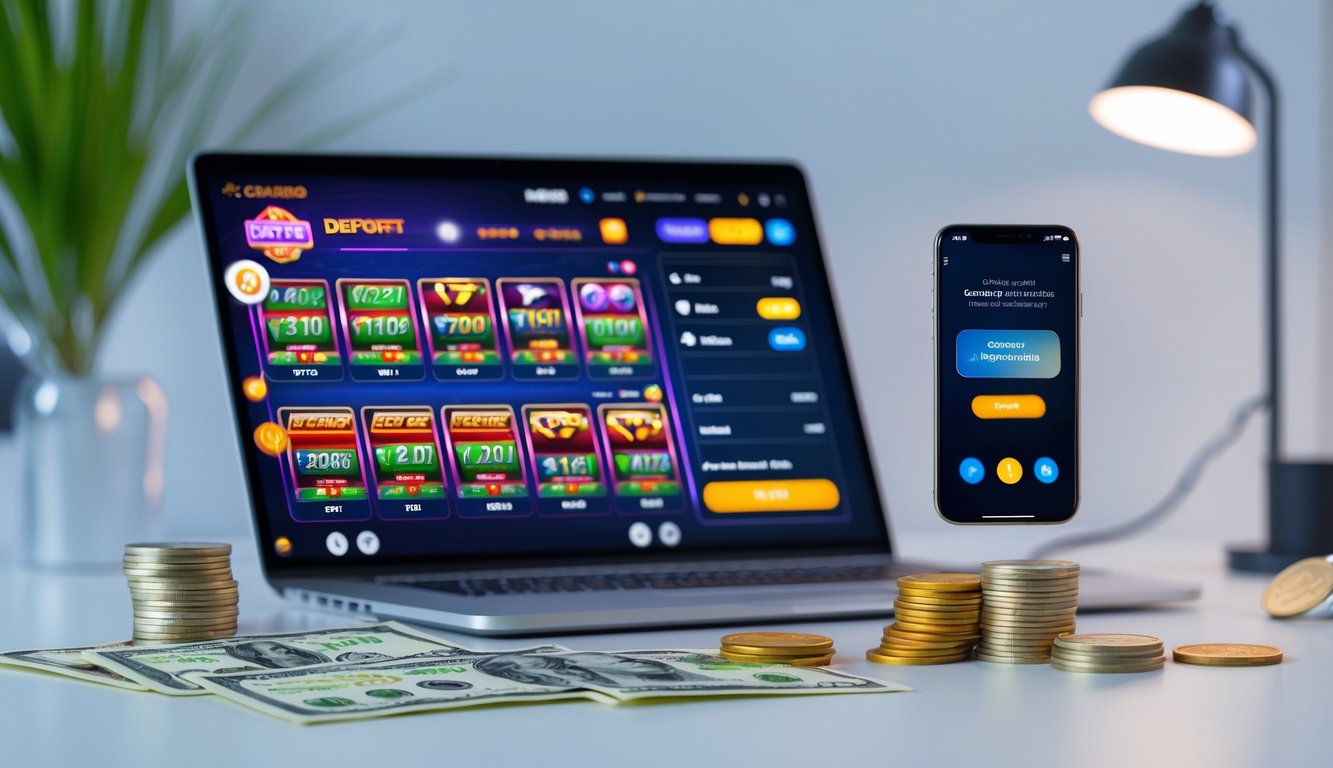 Seorang pria menggunakan laptop dan ponsel untuk bermain judi online dengan suasana kerja modern dan pencahayaan terang.