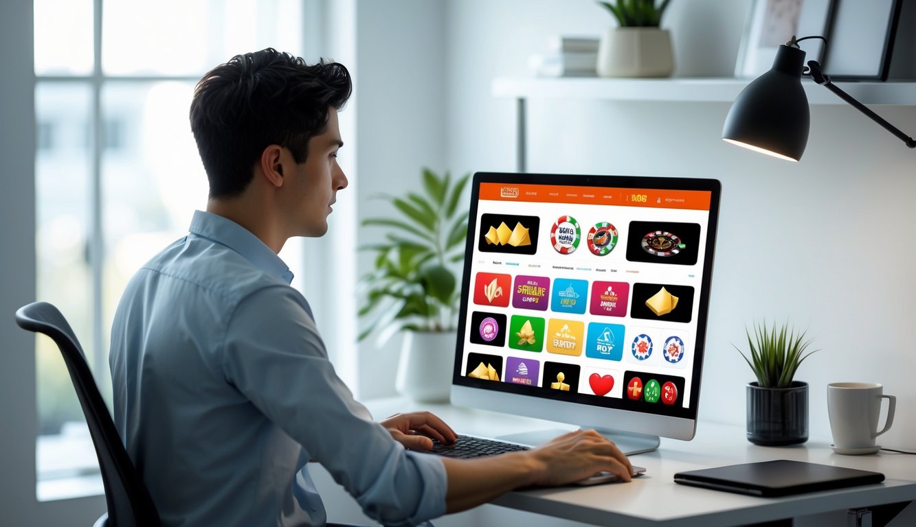 Seorang dewasa muda duduk di meja modern menggunakan laptop dengan tampilan situs judi online yang menarik di layar, di ruangan dengan pencahayaan alami dan dekorasi minimalis.