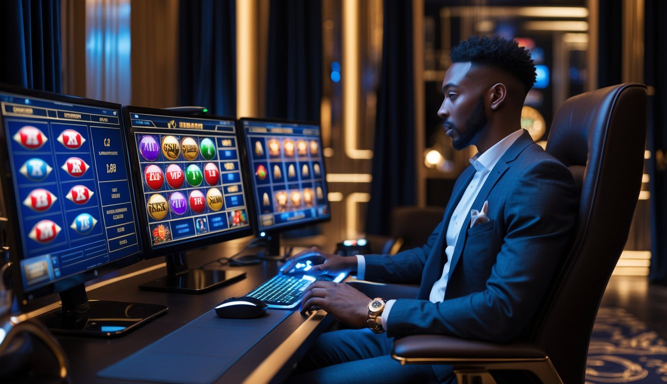 Seorang individu duduk di ruang mewah dengan beberapa monitor menampilkan permainan kasino online.