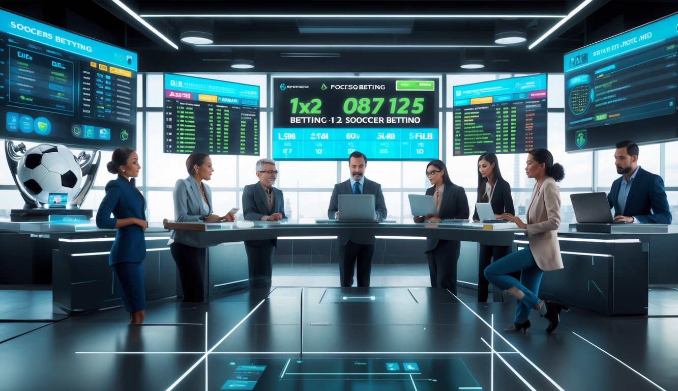 Orang-orang sedang menganalisis data taruhan sepak bola di ruang modern dengan layar digital besar.