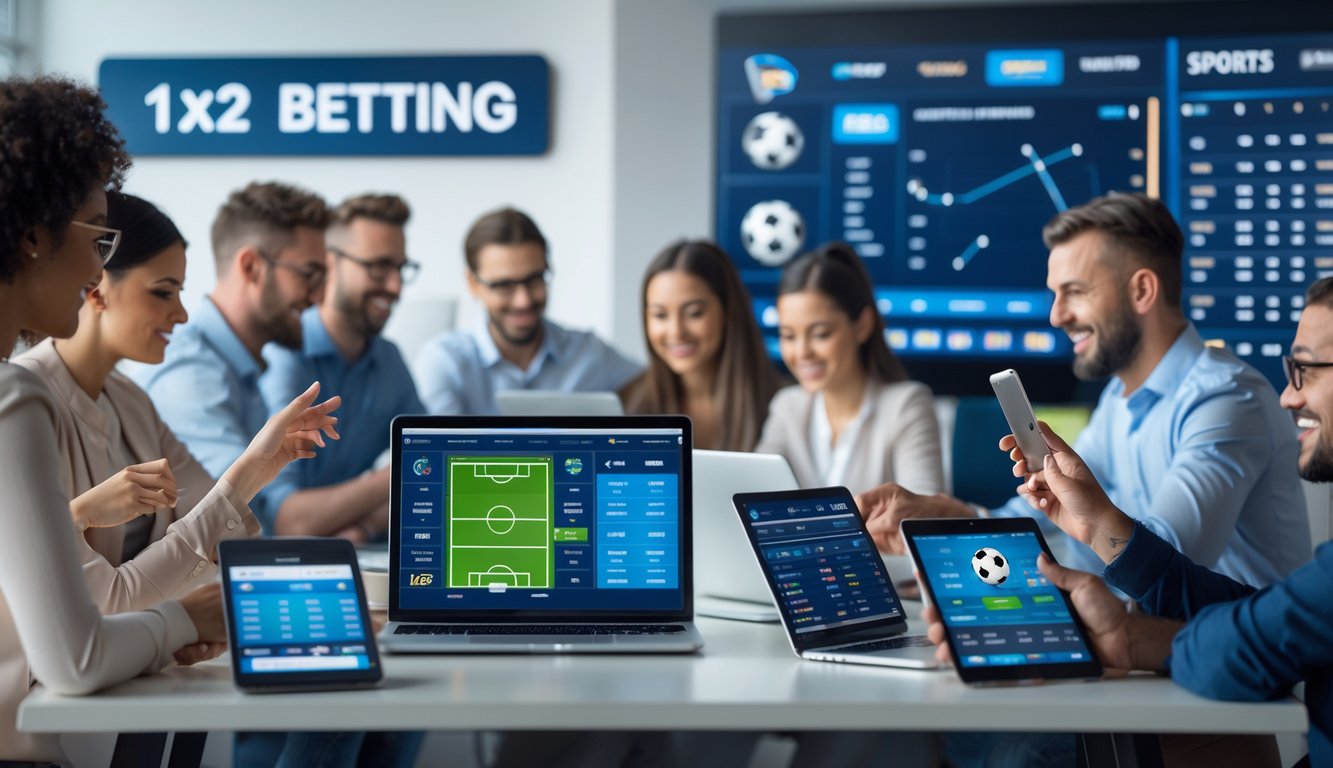 Beberapa orang menggunakan perangkat digital untuk memasang taruhan sepak bola secara online di lingkungan kerja modern.