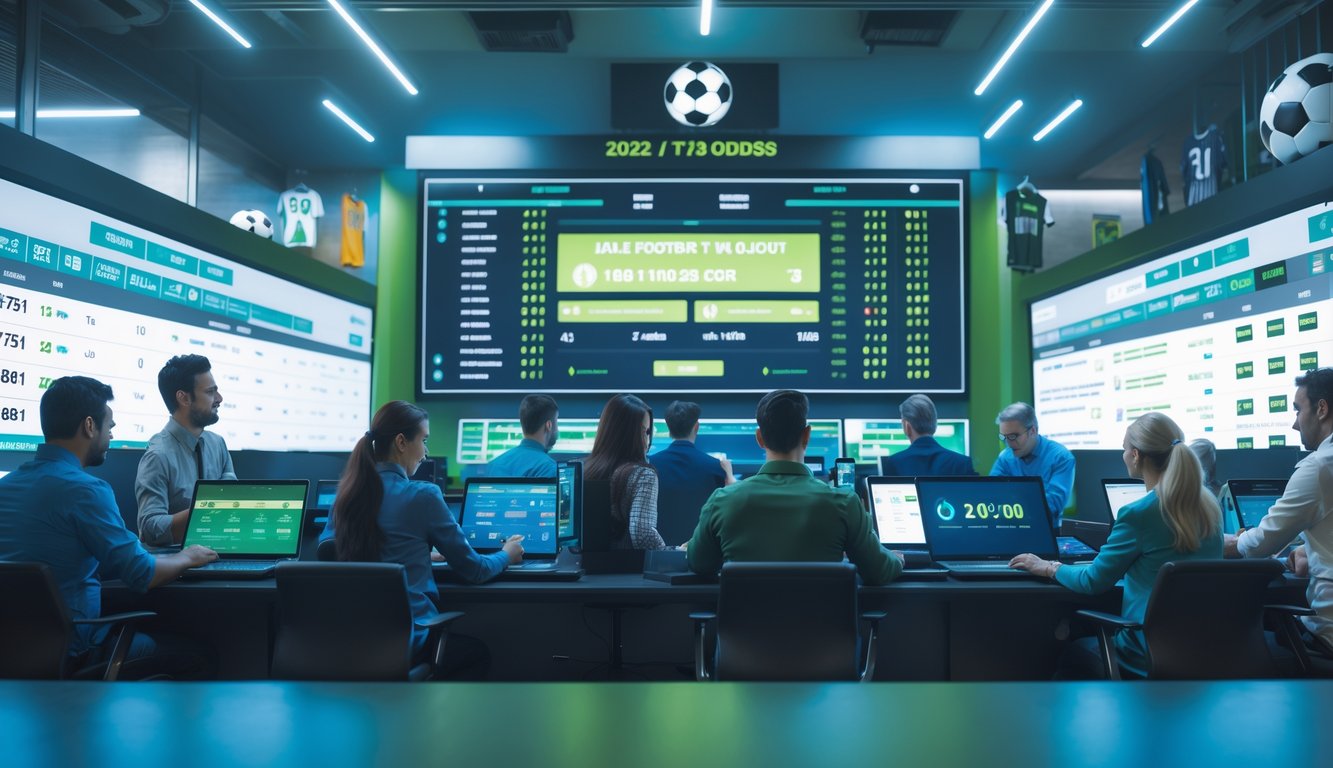 Orang-orang sedang menggunakan perangkat digital untuk memasang taruhan sepak bola dengan layar besar menampilkan statistik dan peluang taruhan.