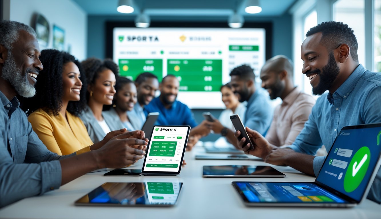 Sejumlah orang menggunakan perangkat digital untuk memasang taruhan olahraga secara online dalam suasana yang aman dan terpercaya.