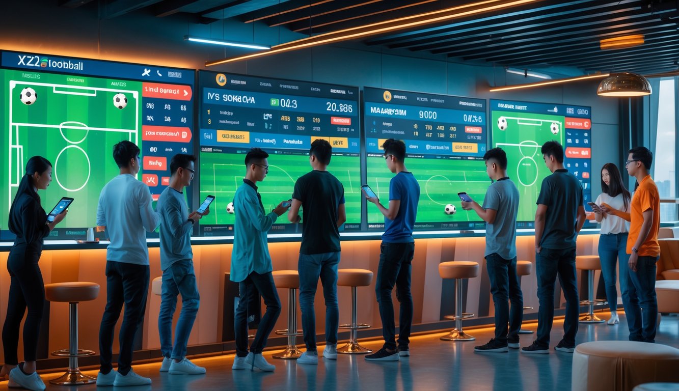 Sekelompok orang muda Indonesia sedang melihat layar digital yang menampilkan peluang taruhan pertandingan sepak bola, dengan suasana modern dan penuh semangat.