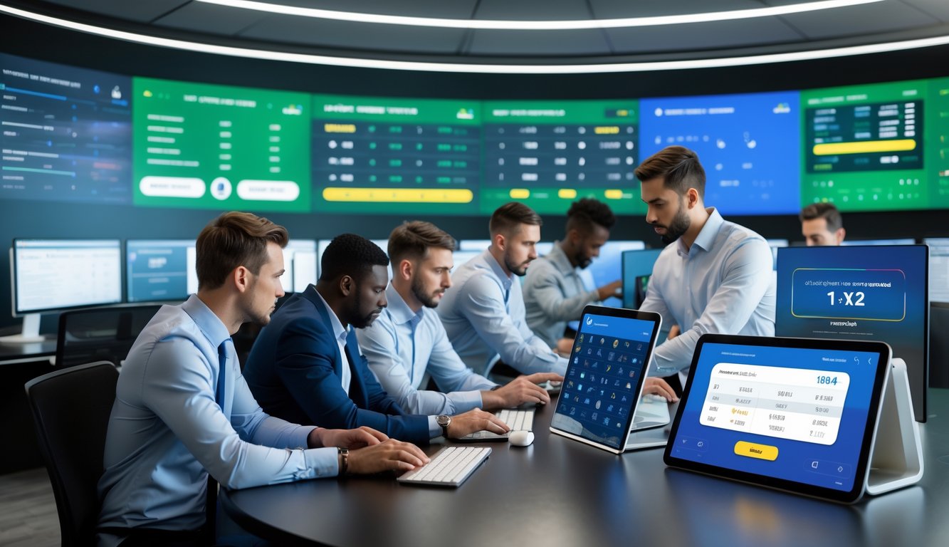 Sejumlah profesional sedang bekerja di ruang kantor modern dengan layar besar menampilkan statistik pertandingan sepak bola dan grafik pembayaran cepat.