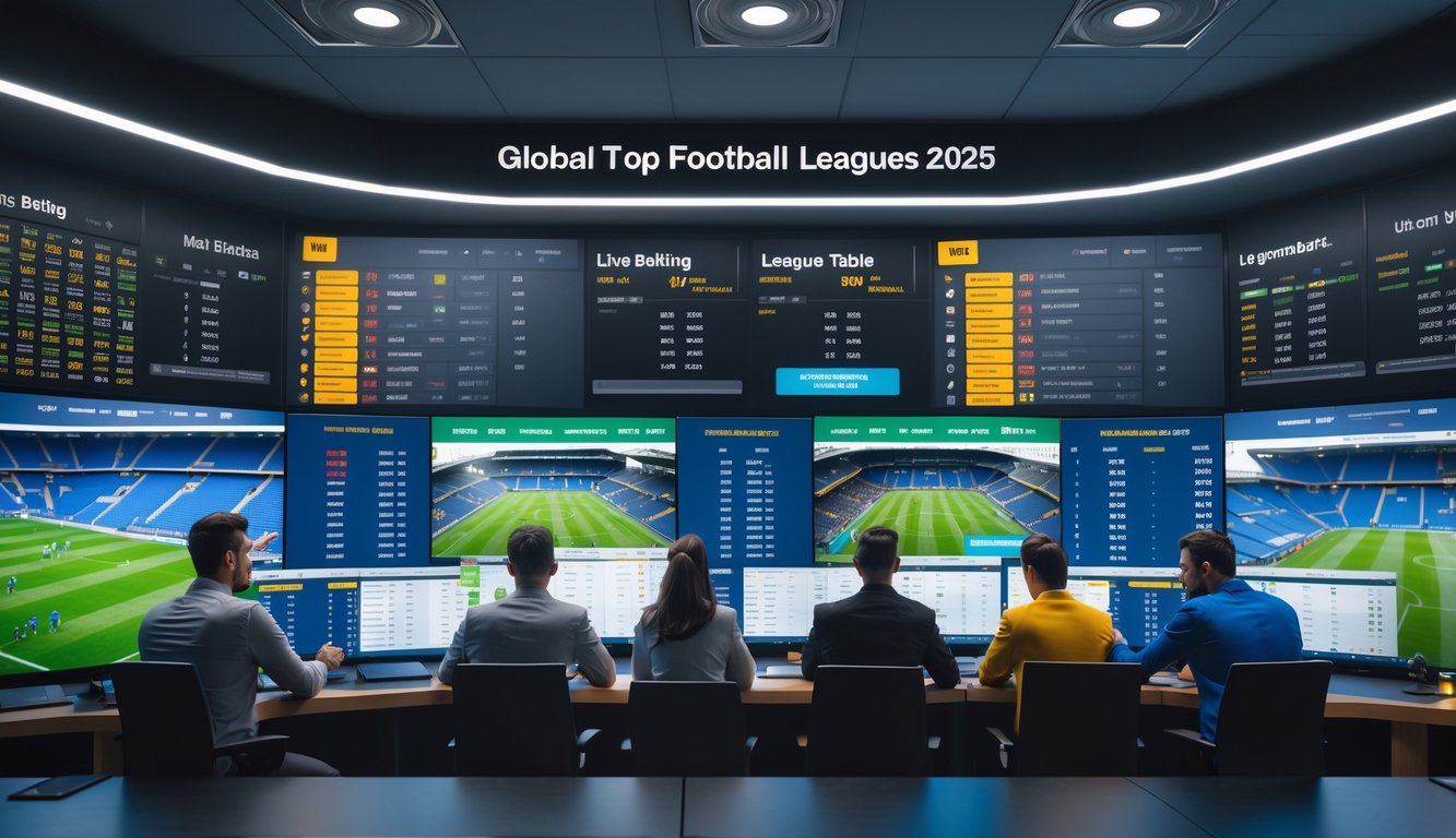 Orang-orang sedang melihat layar besar yang menampilkan data pertandingan sepak bola dan peluang taruhan di sebuah ruangan modern.