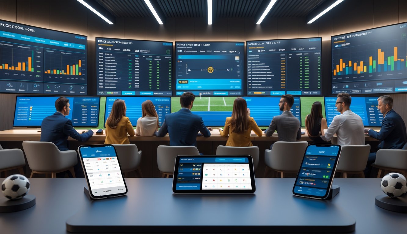 Beberapa orang sedang melihat layar digital besar dengan statistik dan peluang sepak bola, duduk di ruang taruhan modern yang terang dan bergaya.