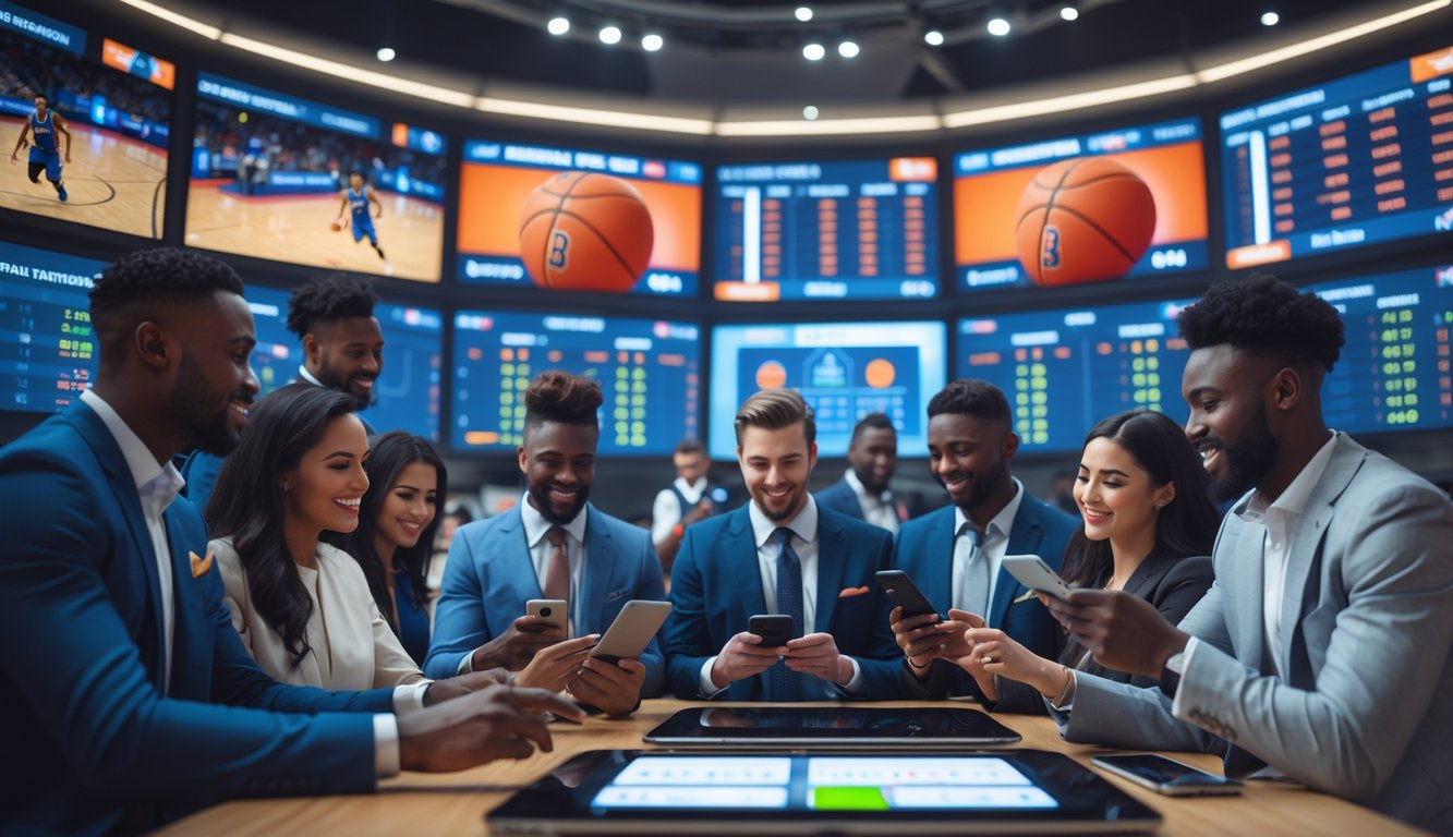 Orang-orang menggunakan perangkat digital untuk memasang taruhan bola basket di ruang taruhan modern dengan layar besar menampilkan pertandingan bola basket.