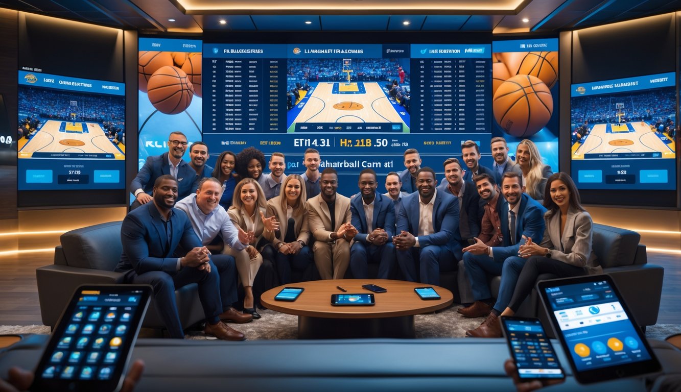 Sekelompok orang dewasa sedang menggunakan perangkat digital untuk bertaruh pada pertandingan basket NBA di sebuah lounge olahraga modern.